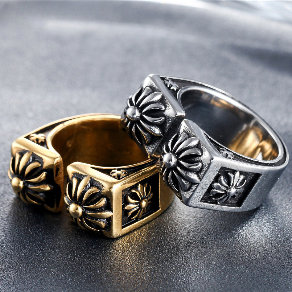 Double Square with Cross Flower Open Titanium Steel Ring for Men