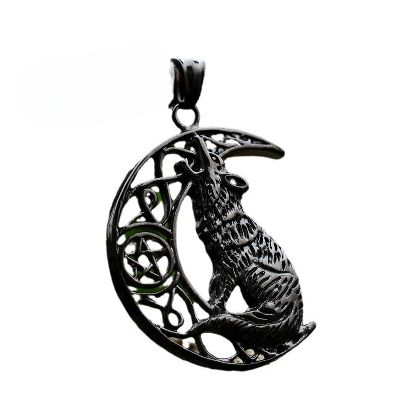 Titanium Steel Nordic Viking Moon Wolf Pendant for Men - Wholesale Electroplated Design
