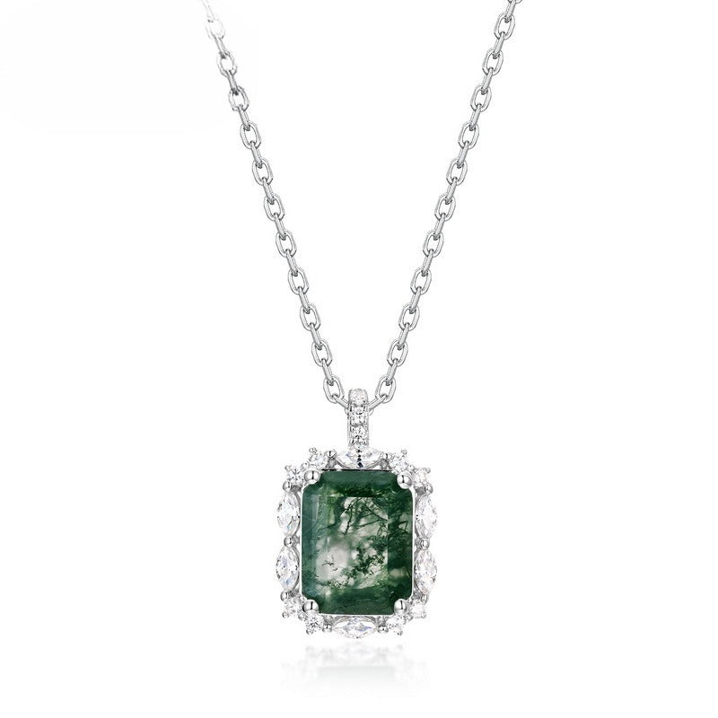 S925 Sterling Silver Moss Agate Pendant Necklace