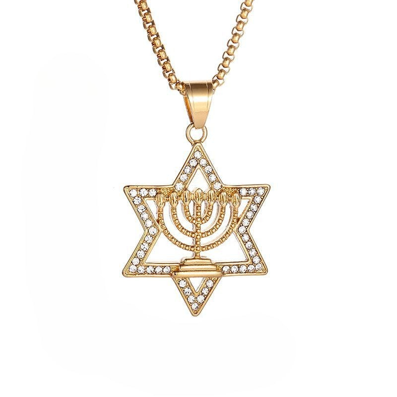 Planderful Everyday Genie Men's Six Pointed Star Necklace Titanium Steel Gold Plated Rhinestones Hip Hop Pendant