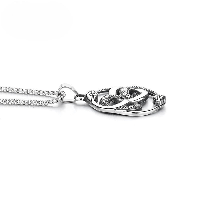 Steel Necklace - Vintage Double Snake Pendant For Men