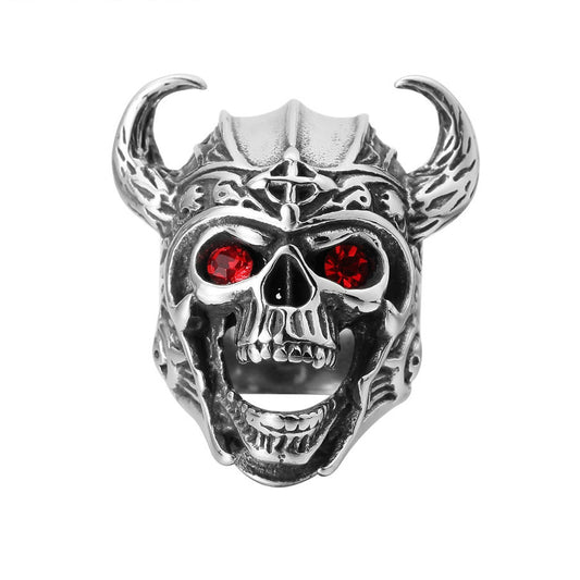 Halloween Red Eye Bull Head Horn Skull Titanium Steel Ring for Men