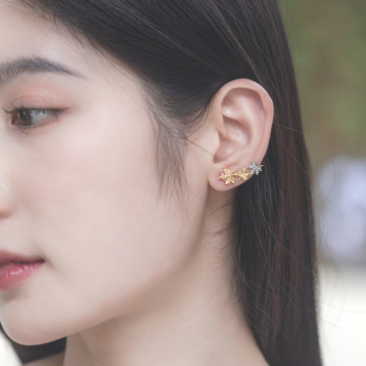 Two Tone Maple Leaf Zircon Asymmetric Sterling Silver Stud Earrings