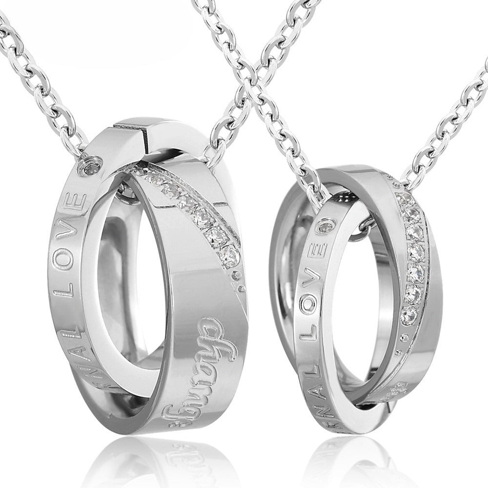 Planderful Titanium Steel Couple Necklace With Inlaid Zircon Double Ring Pendant Unisex Protection Jewelry