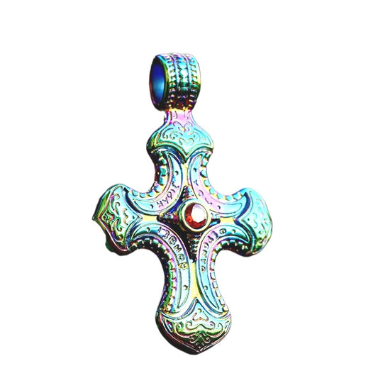 Titanium Steel Cross Pendant with Color Inlaid Jewel - Vintage Wholesale Jewelry for Men