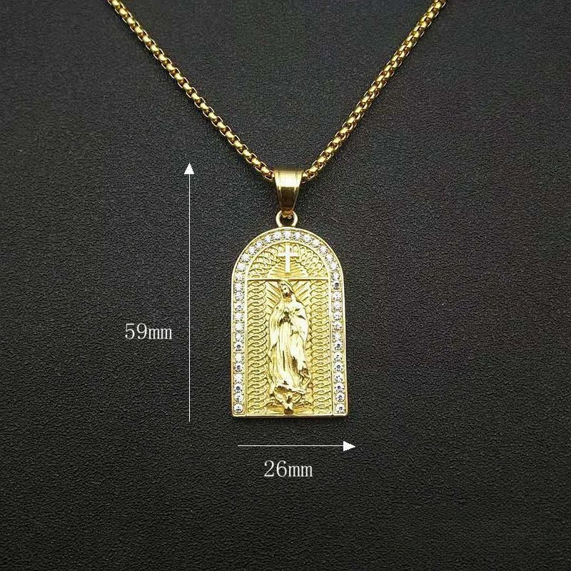 Planderful Hip Hop Jewelry Madonna Portrait Necklace Unisex Gold Plated Stainless Steel Zircon Pendant