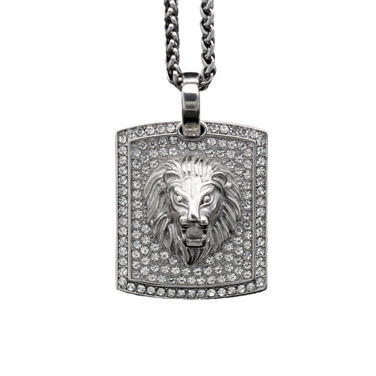 Planderful Lion Head Pendant Necklace Titanium Steel Gold Plated Zircon Unisex Hip Hop Jewelry
