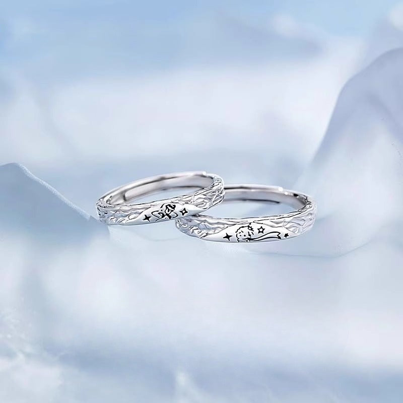 Planderful Sterling Silver Little Prince And Rose Couple Ring Adjustable Opening Gift For Girlfriend Christmas