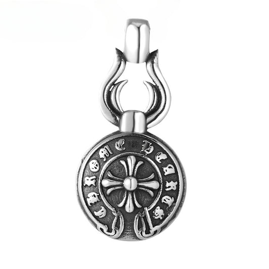Cross Flower Gothic Words Round Titanium Steel Pendant for Men