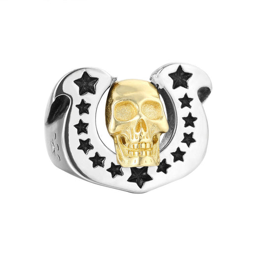 Halloween Horseshoe Golden Skull Head Titanium Steel Ring for Men