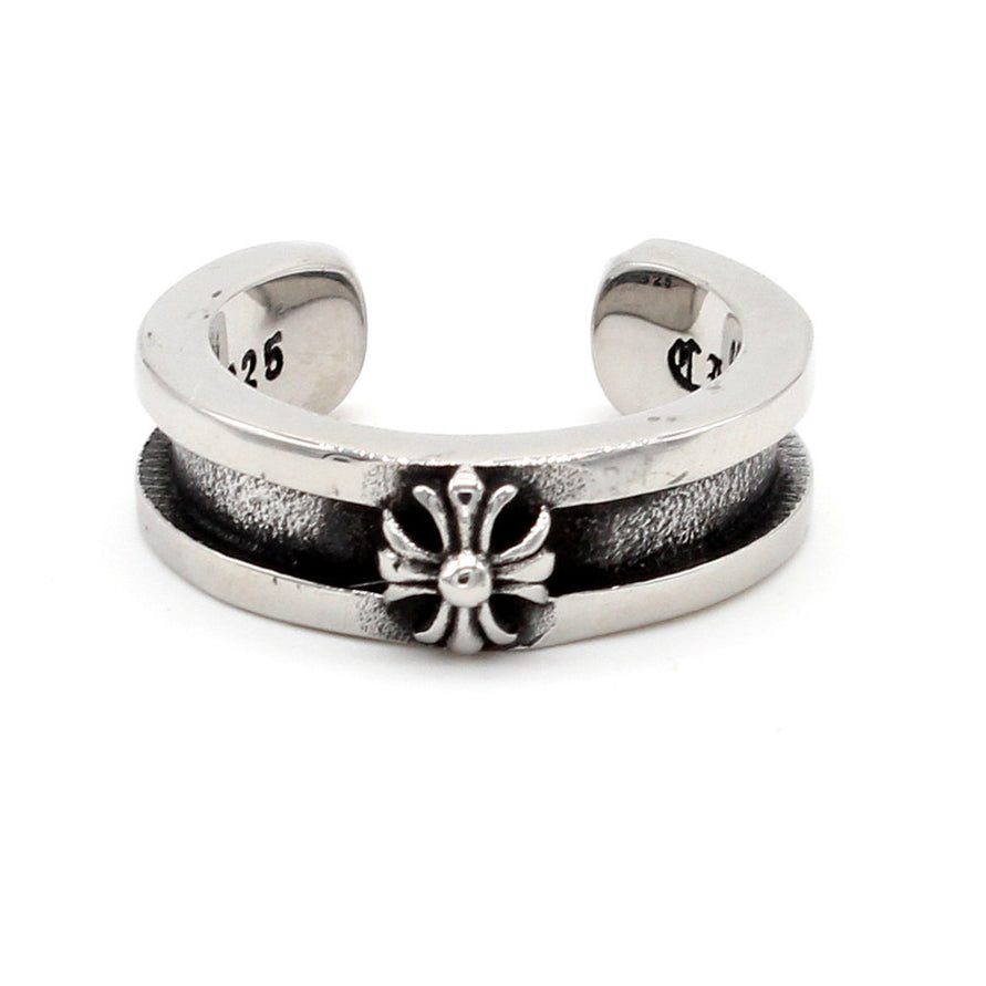Cross Flower Grooved Open Titanium Steel Ring for Men