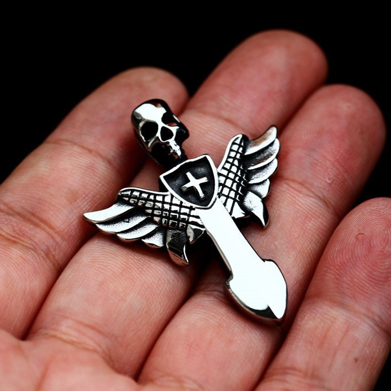 Retro Punk Hip Hop Skull Pendant in Titanium Steel - Cross Wing Design for Men