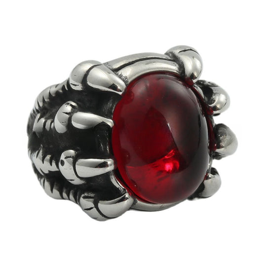 Titanium Steel Retro Dragon Claw Ring with Red Gemstone for Men and Women - Trendy European and American Jewelry
