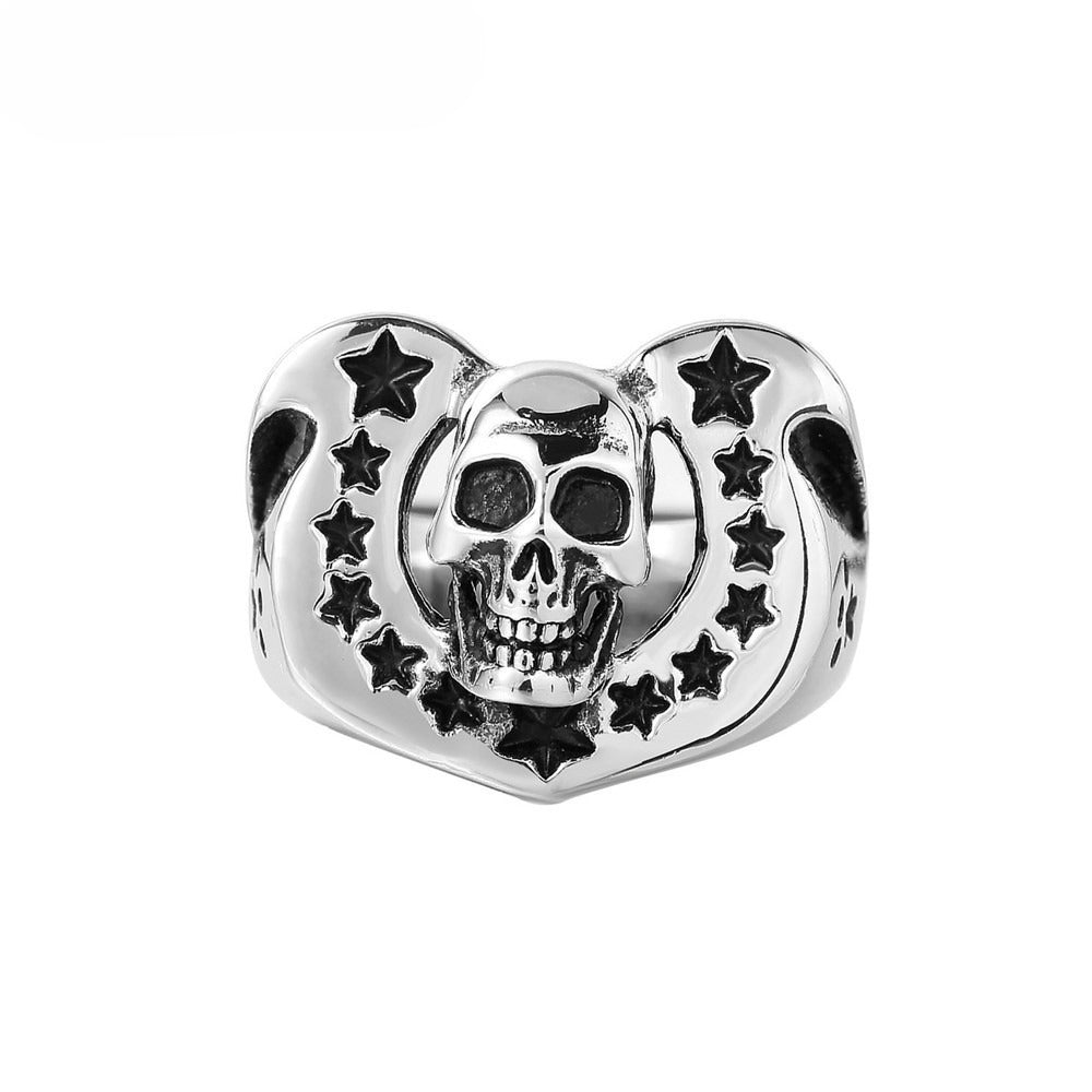 Titanium Steel Horseshoe Skull Ring