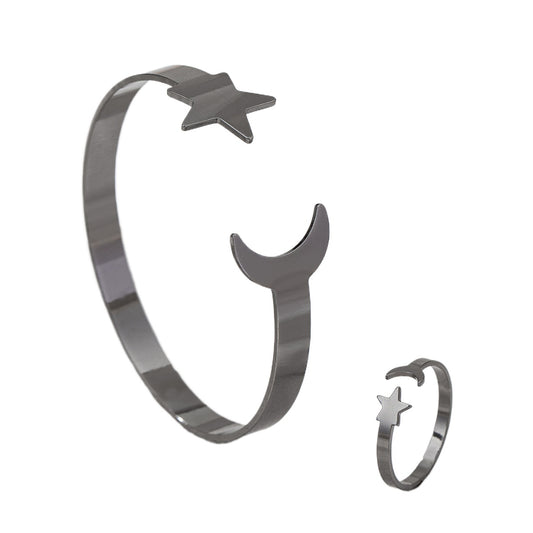 Fashionable Metal Star Moon Bracelet and Ring Set for Women