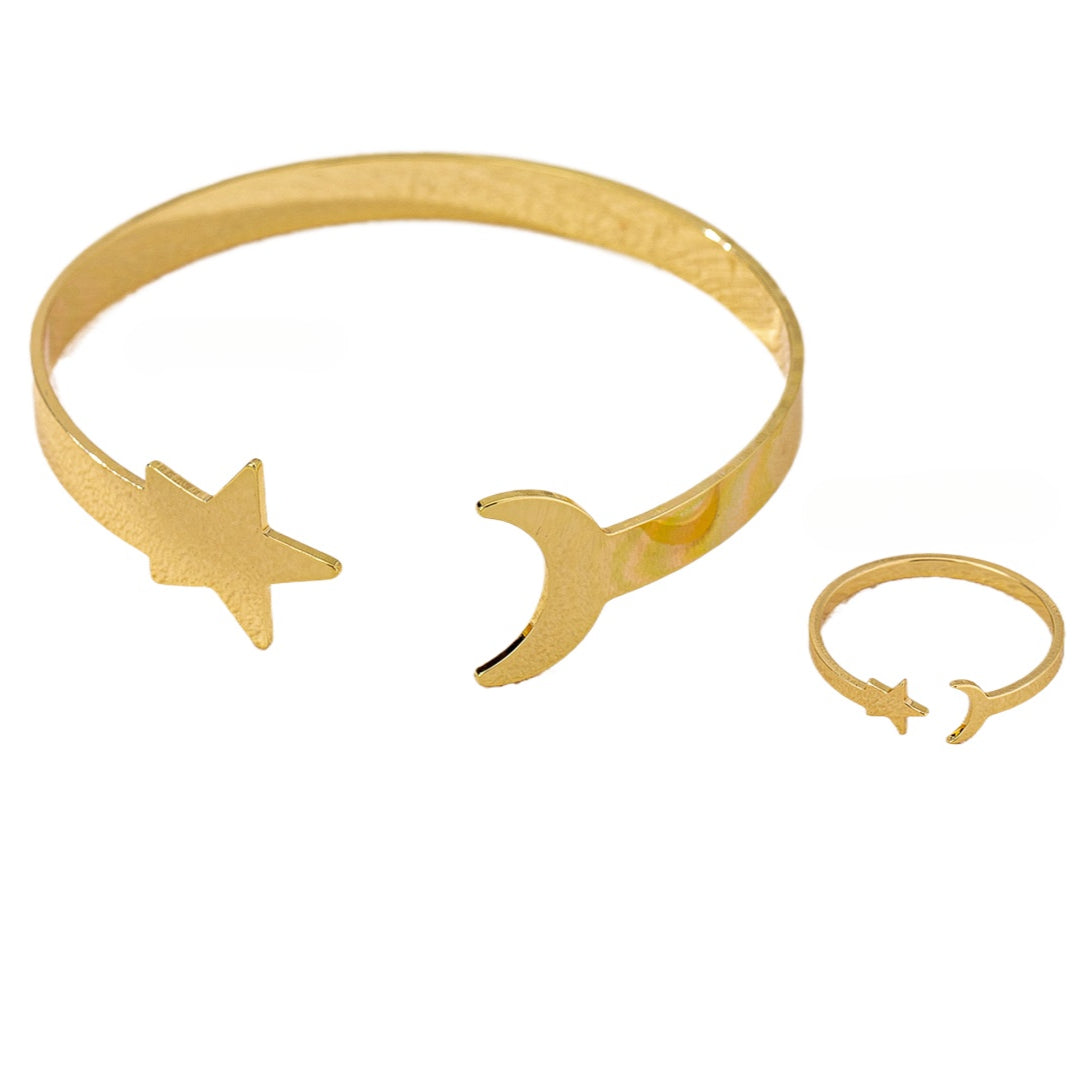 Stylish Metal Star Moon Bracelet and Ring Set for Women