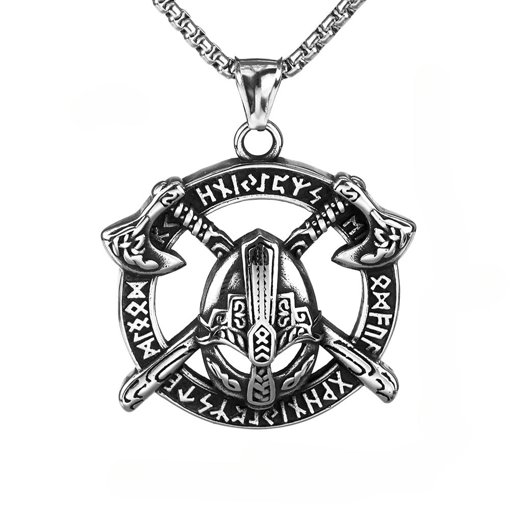 Nordic Viking Rune Double Axe Helmet Stainless Steel Pendant Necklace