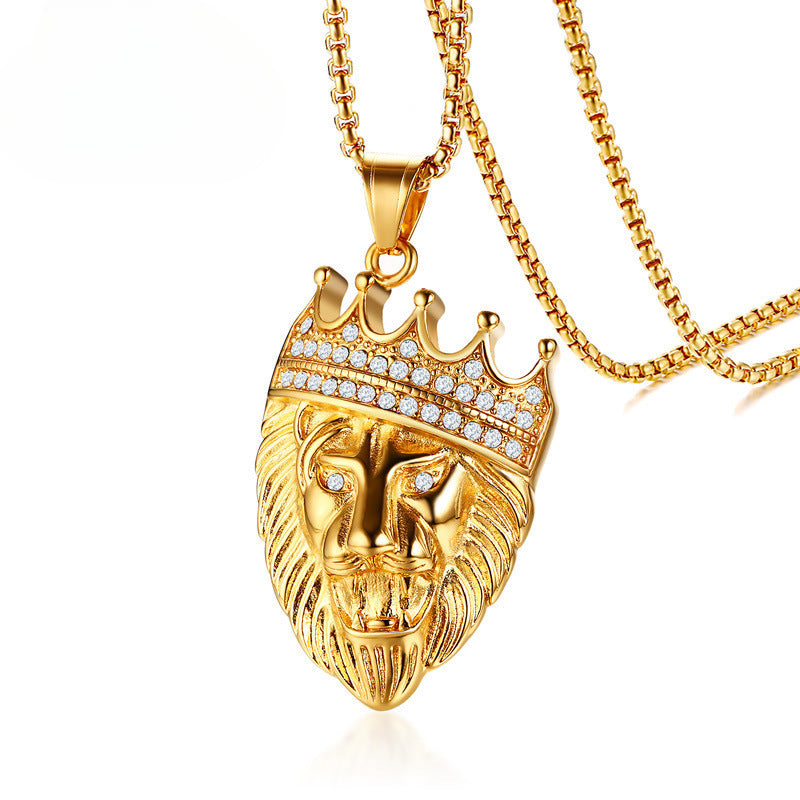 Trendy Man Lion Head Zircon Titanium Steel Pendant