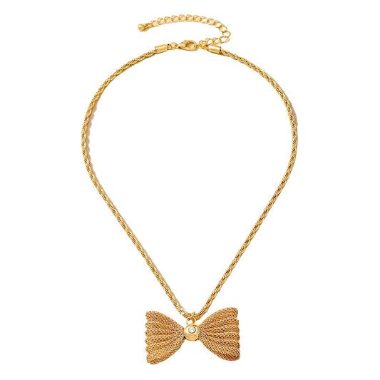 Planderful Vienna Verve Necklace – Elegant Gold Metal Hollow Bow Design