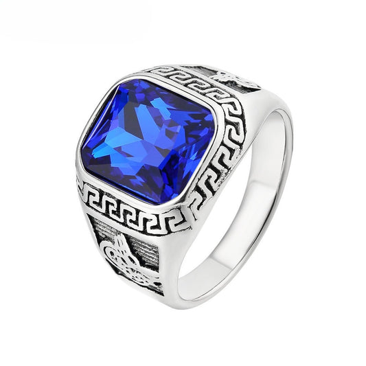 Zircon Ring With Great Wall Pattern Titanium Steel Unisex Shield by Planderful For Men And Women