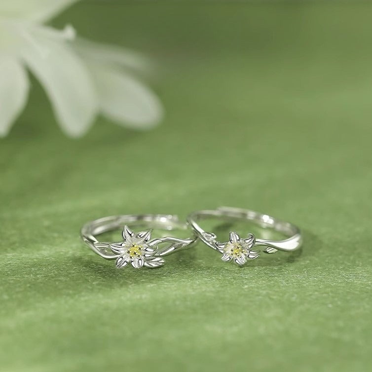 Planderful Sterling Silver Lily Couple Ring For Women And Men Adjustable Size High End Pair Jewelry