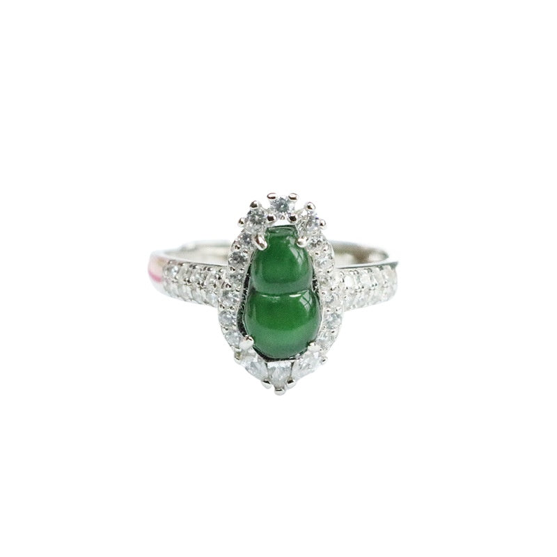 Icy Green Jadeite Gourd 925 Silver Ring