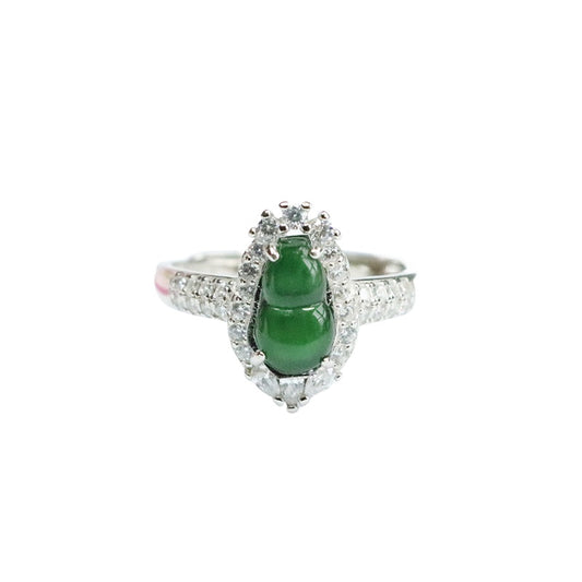 Icy Green Jadeite Gourd 925 Silver Ring