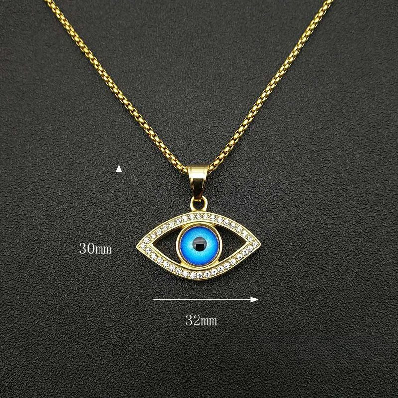 Planderful Hip Hop Jewelry Titanium Steel Gold Plated Zircon Turkish Blue Eye Pendant Necklace For Streetwear Fans