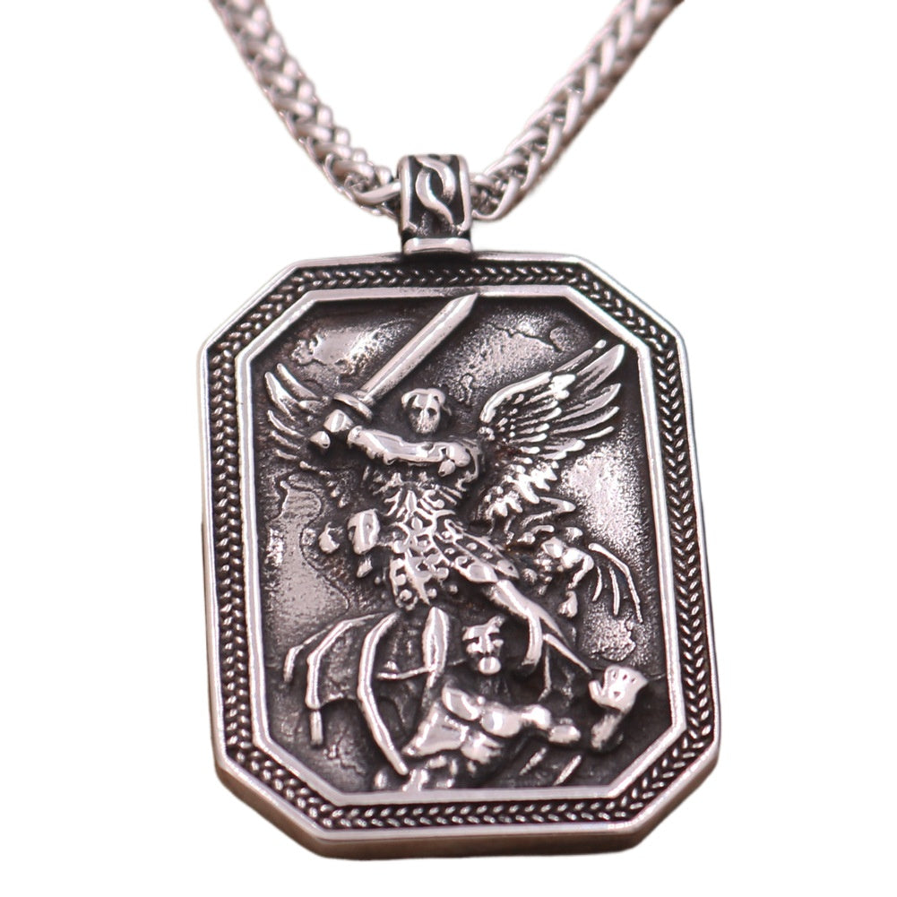 Guardian Angel Vintage Steel Pendant Necklace for Men with Long Sweater Chain