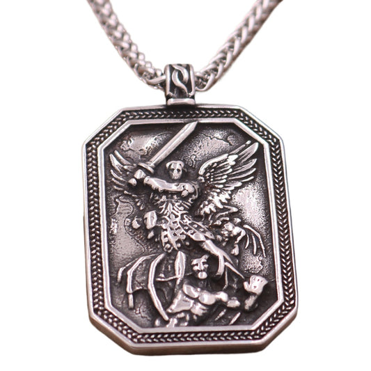 Guardian Angel Vintage Steel Pendant Necklace for Men with Long Sweater Chain