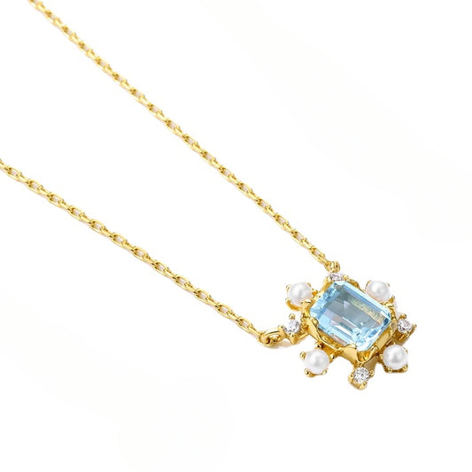 Vintage Pearl Zircon Snowflake with Rectangle Sky Blue Topaz Sterling Silver Necklace