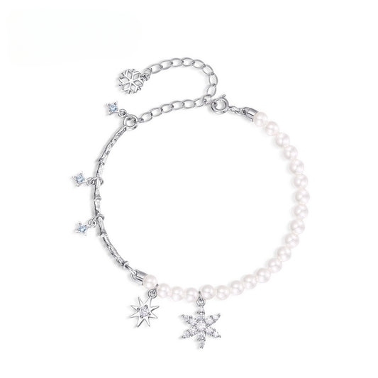 Zircon Snowflake Pearl Chain Sterling Silver Bracelet