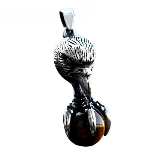 Retro European and American Men's Titanium Steel Pendant with Inlaid Stone Eagle Claw Design