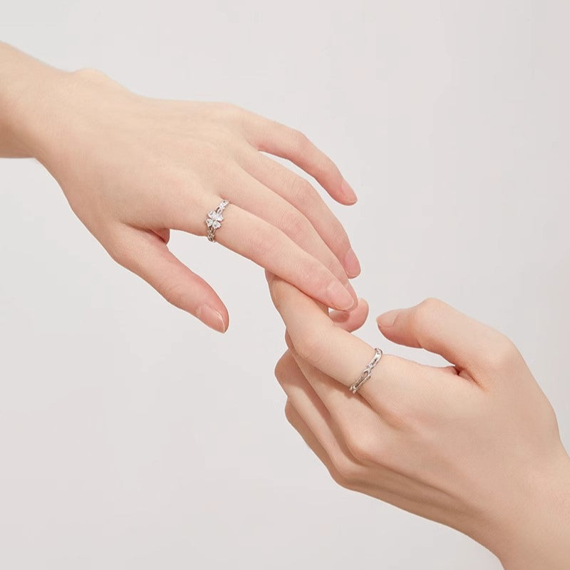 New 925 Sterling Silver Love Heart Four-Leaf Clover Ring