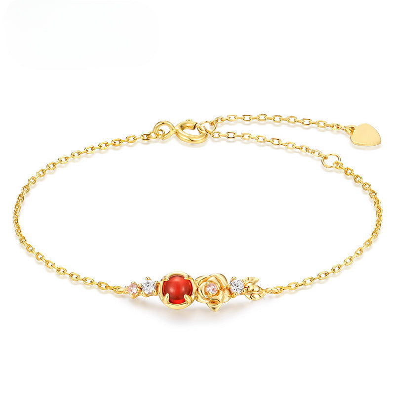 Round Red Garnet Rose Zircon Sterling Silver Bracelet