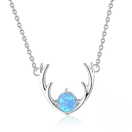 Round Blue Opal Elk Horn Sterling Silver Necklace