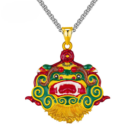 Steel Necklace – Statement Chinese Lion Dance Pendant
