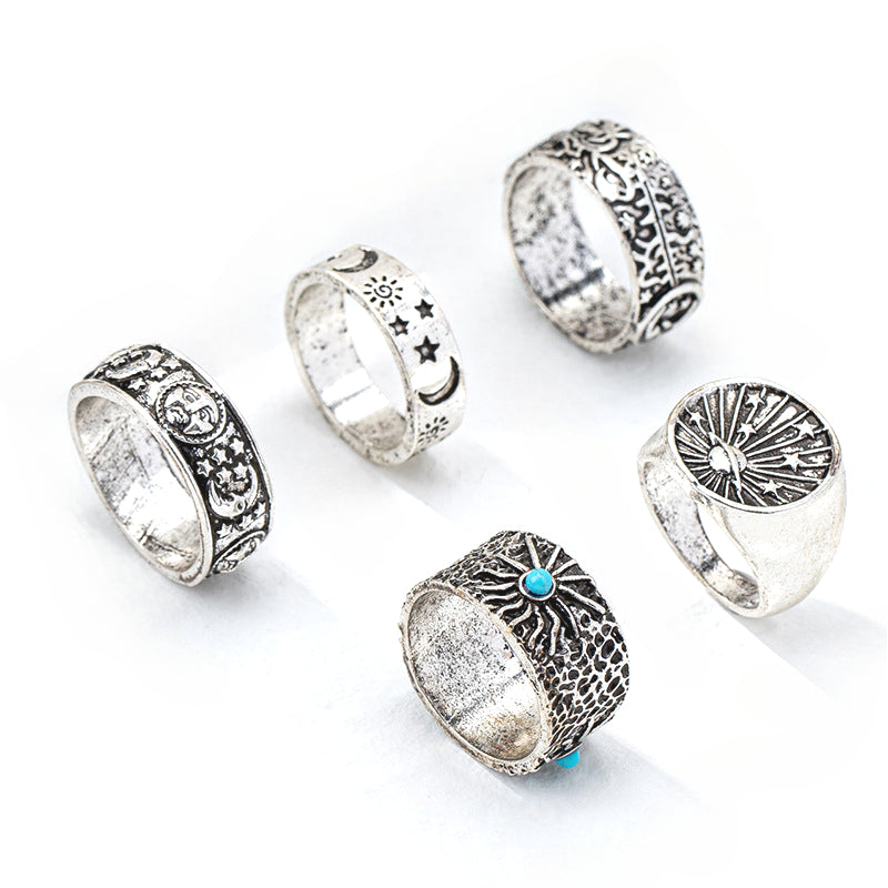 Retro Metal Star Moon Sun Flower Ring Set for Women