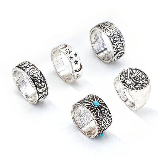 Retro Metal Star Moon Sun Flower Ring Set for Women