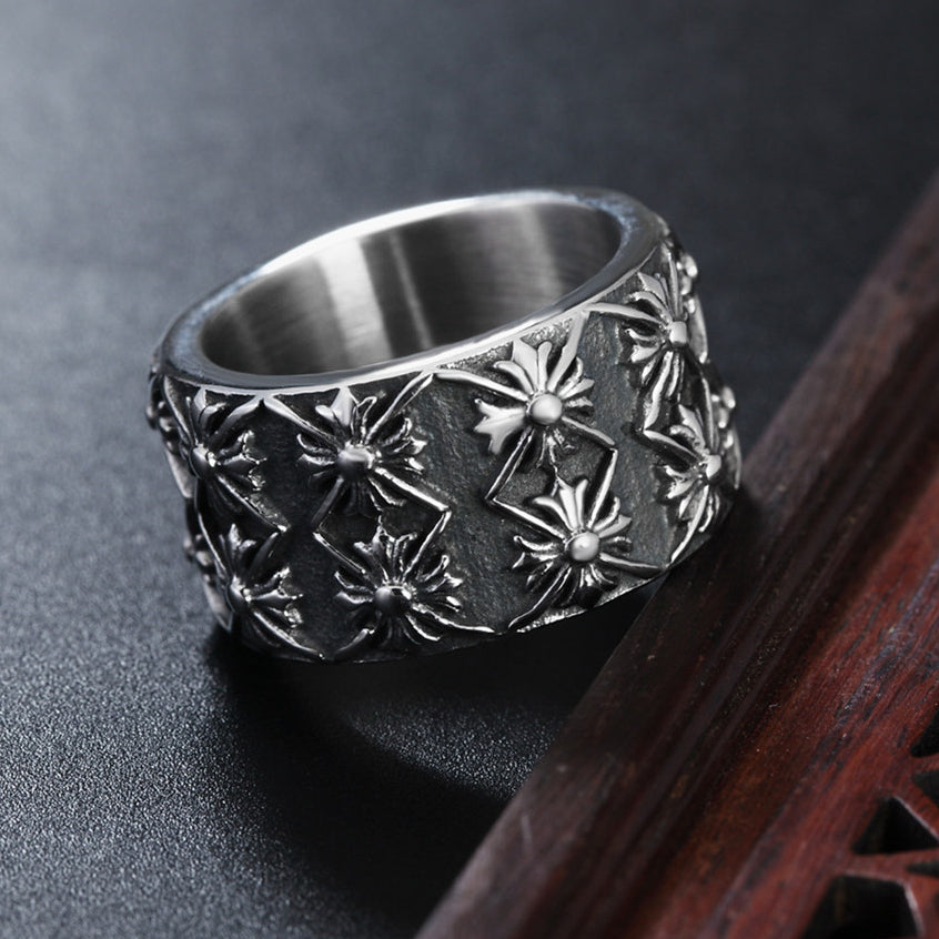 Double Row Cross Flower Wide Titanium Steel Ring for Men