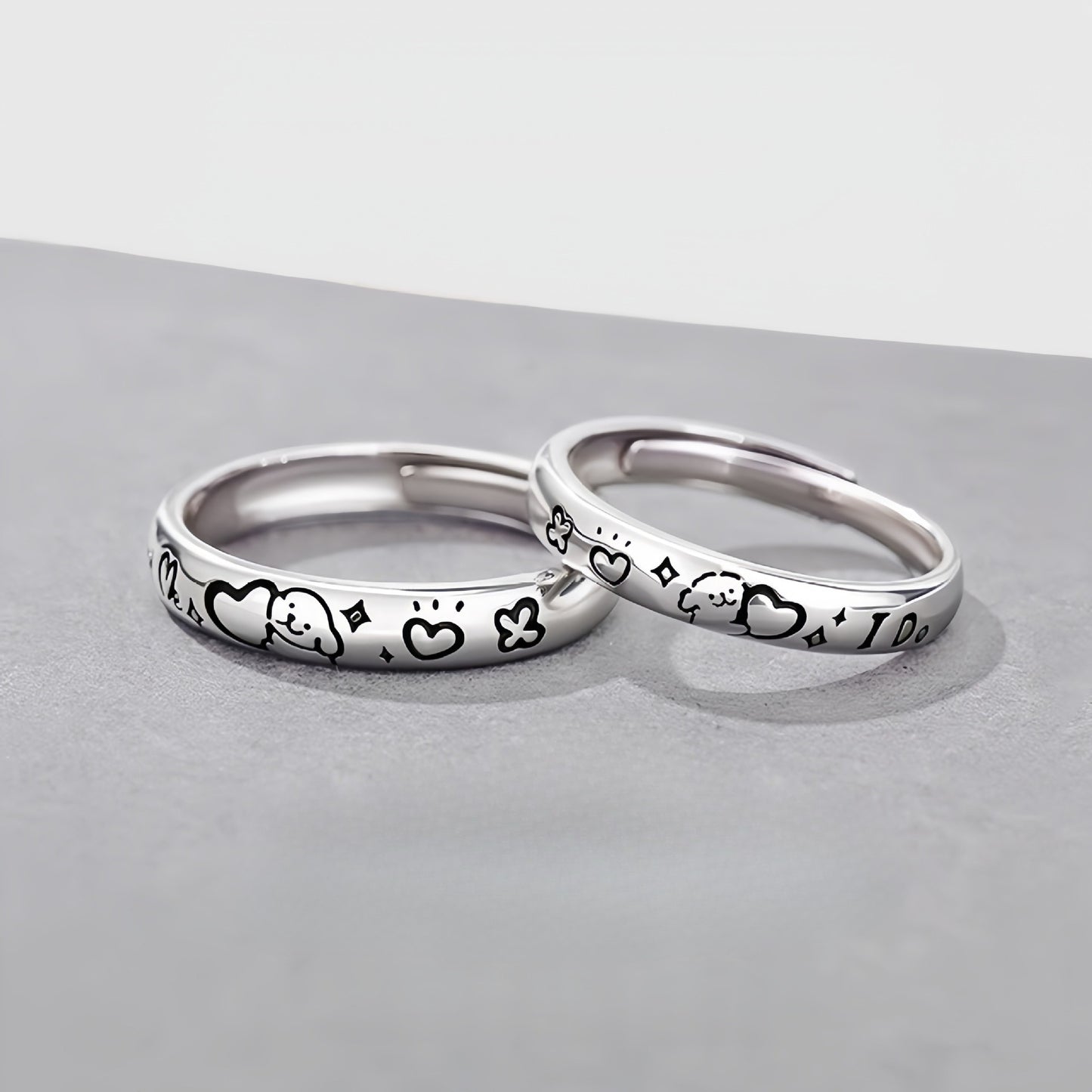 Planderful 925 Sterling Silver Couple Ring Set With Puppy Sticker Design Gift For Him And Her