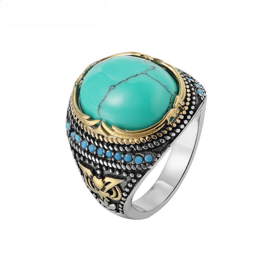 Planderful Turquoise Oval Titanium Steel Ring for Men and Women Unisex Vintage Punk Statement