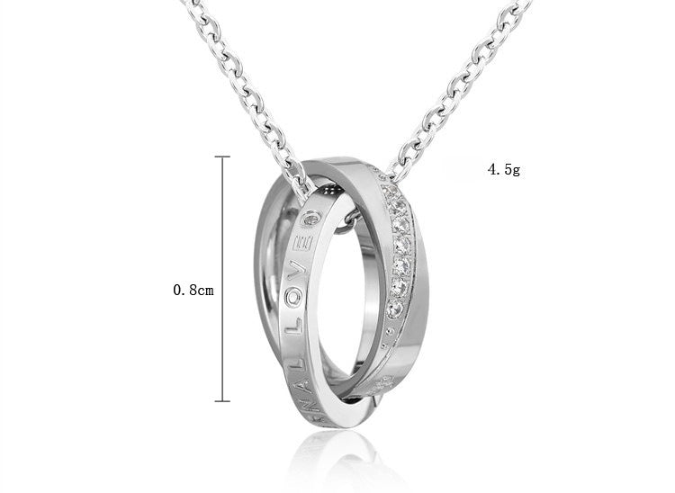 Planderful Titanium Steel Couple Necklace With Inlaid Zircon Double Ring Pendant Unisex Protection Jewelry