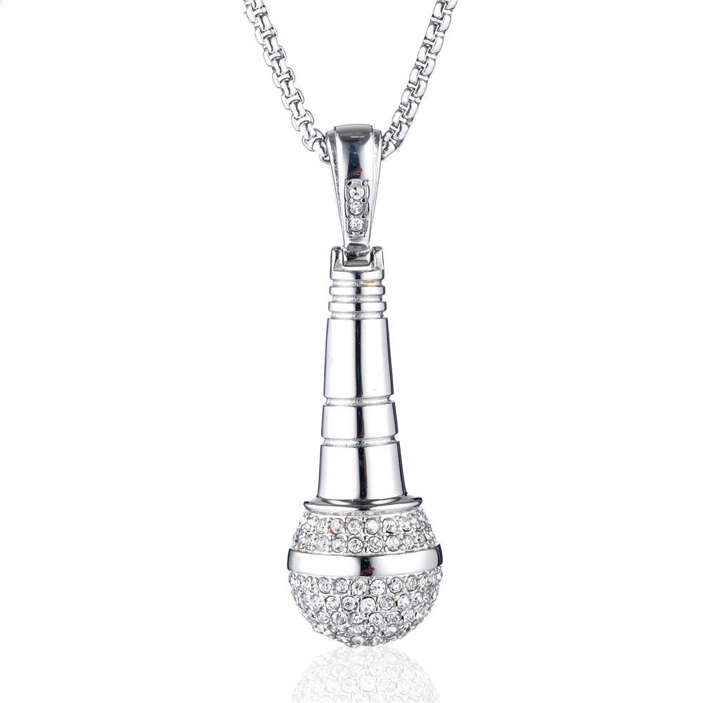 Titanium Steel Microphone Pendant Necklace With Zircon Inlay Planderful Hip Hop Streetwear For Men And Unisex Fans