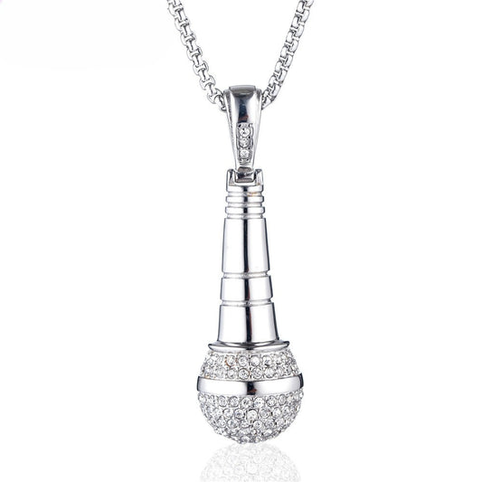 Titanium Steel Microphone Pendant Necklace With Zircon Inlay Planderful Hip Hop Streetwear For Men And Unisex Fans