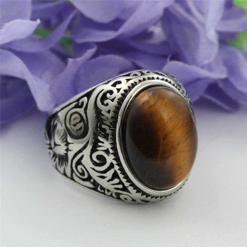 Planderful Stainless Steel Turquoise Ring Unisex Bold Retro Men Accessories For Everyday Style