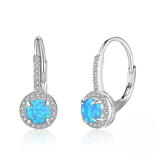 Planderful Jewelry Opal Earrings Sterling Silver Halo Blue Round Zircon Accent Elegant Hoops