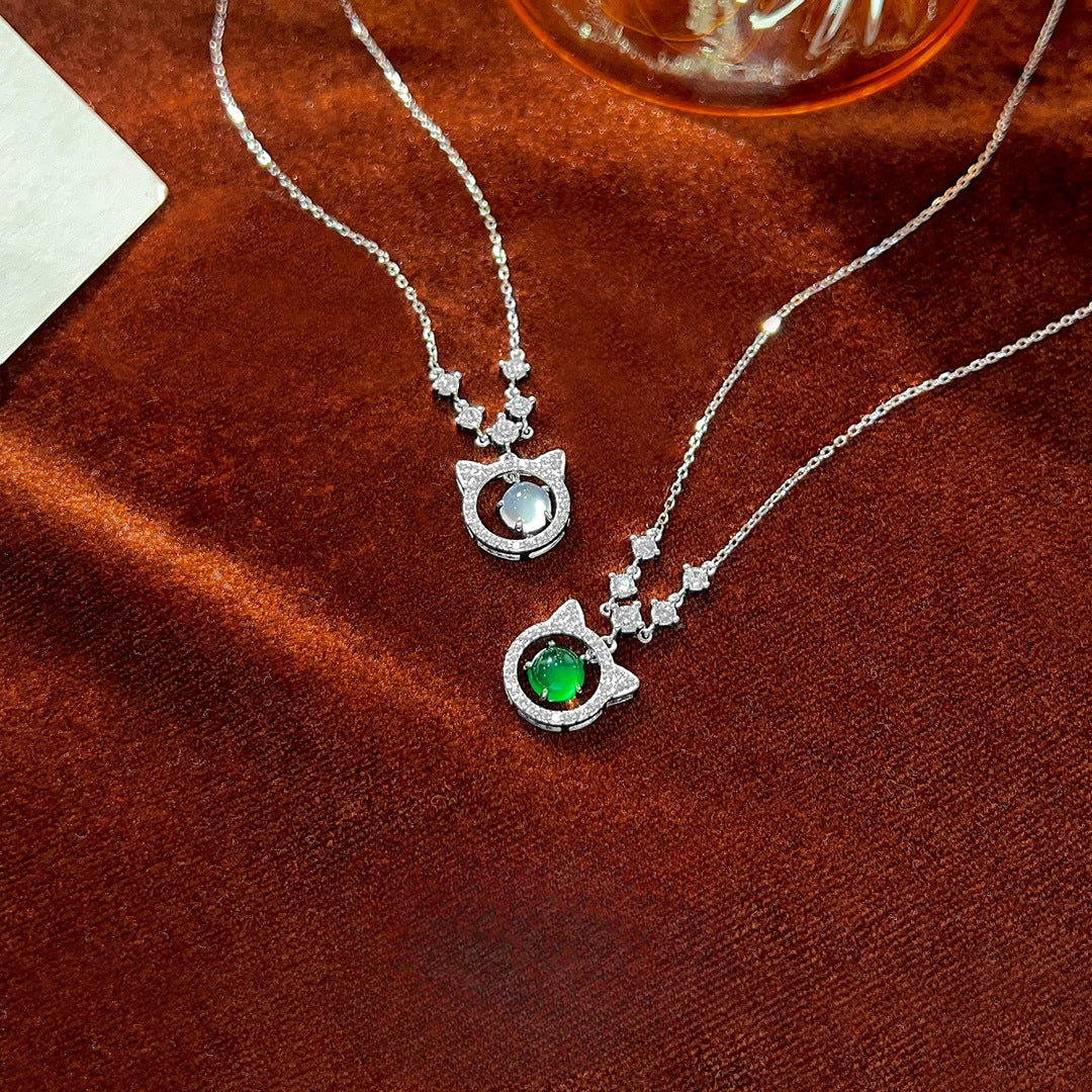S925 Sterling Silver Cat Chalcedony Inlaid Necklace Female Cute Design
