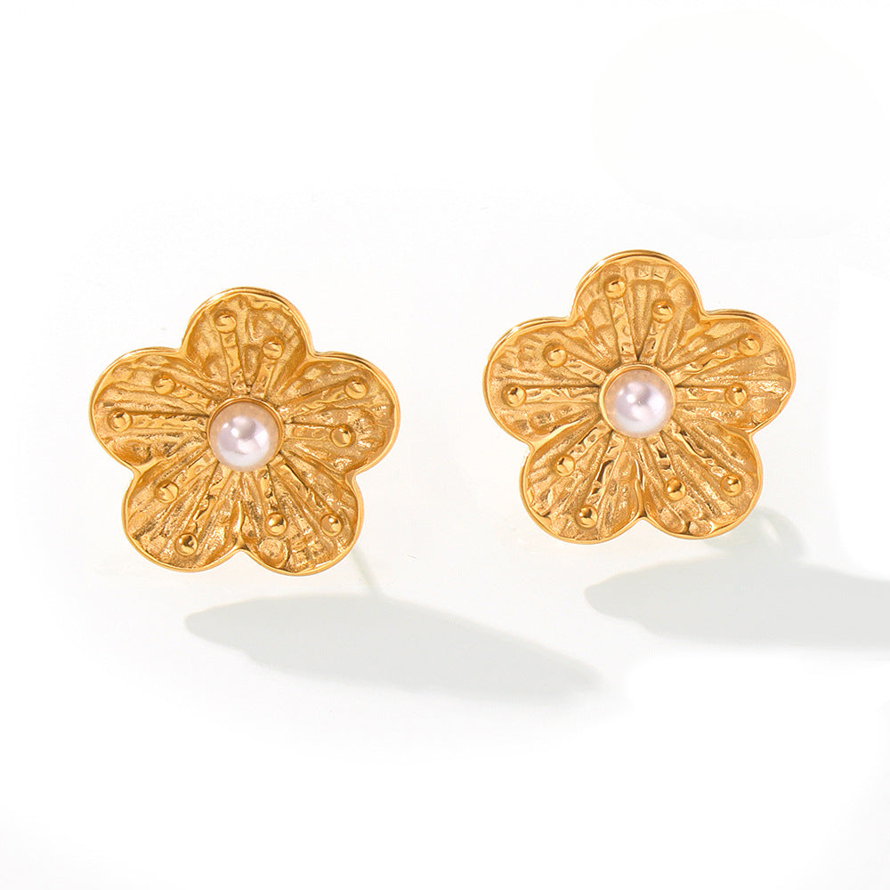 Elegant Korean Style Floral Stud Earrings with Geometric Inlay