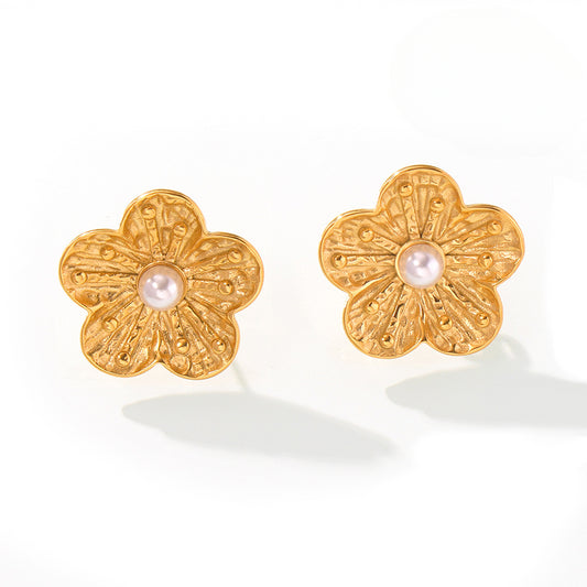Elegant Korean Style Floral Stud Earrings with Geometric Inlay